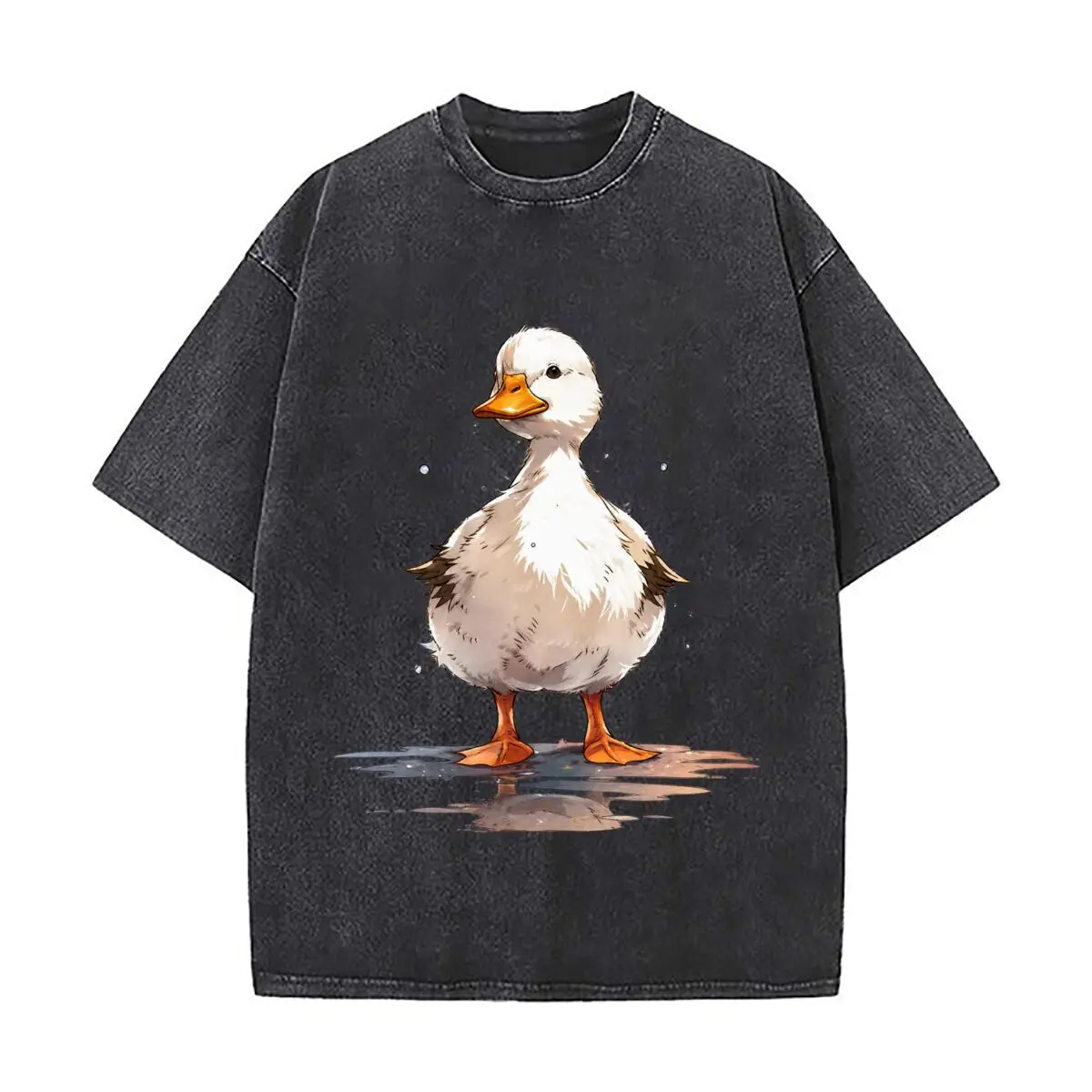 Cute White Duck Watercolor Illustration Cartoon Duckling Art Vintage Distressed Loose Streetwear Tops