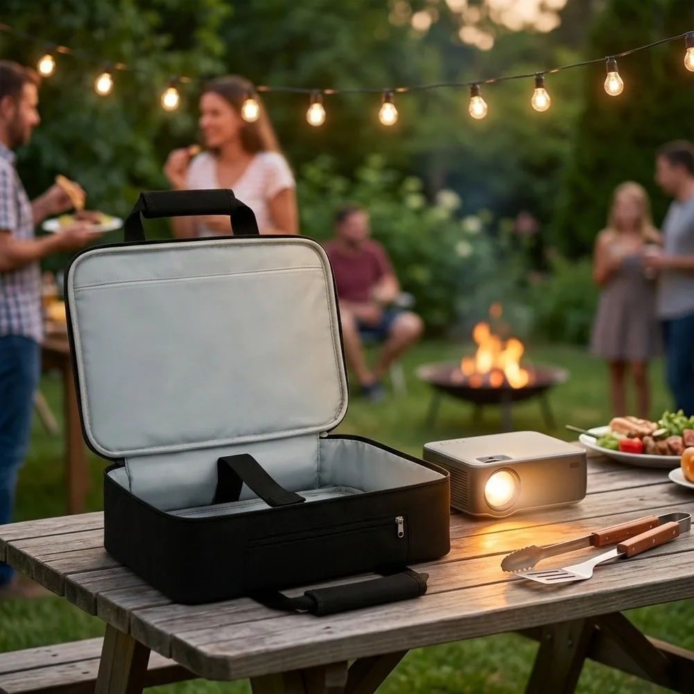 two-compartment-projection-gear-bag-for-outdoor-parties-bbq-picnics-36x28x10cm-padded-protection-black-polyester