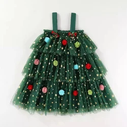 1-6Y Little Girls Christmas Dress Strap Sleeveless Star Print Lace Layered Tulle Dress with Plush Ball Hat Xmas Costumes