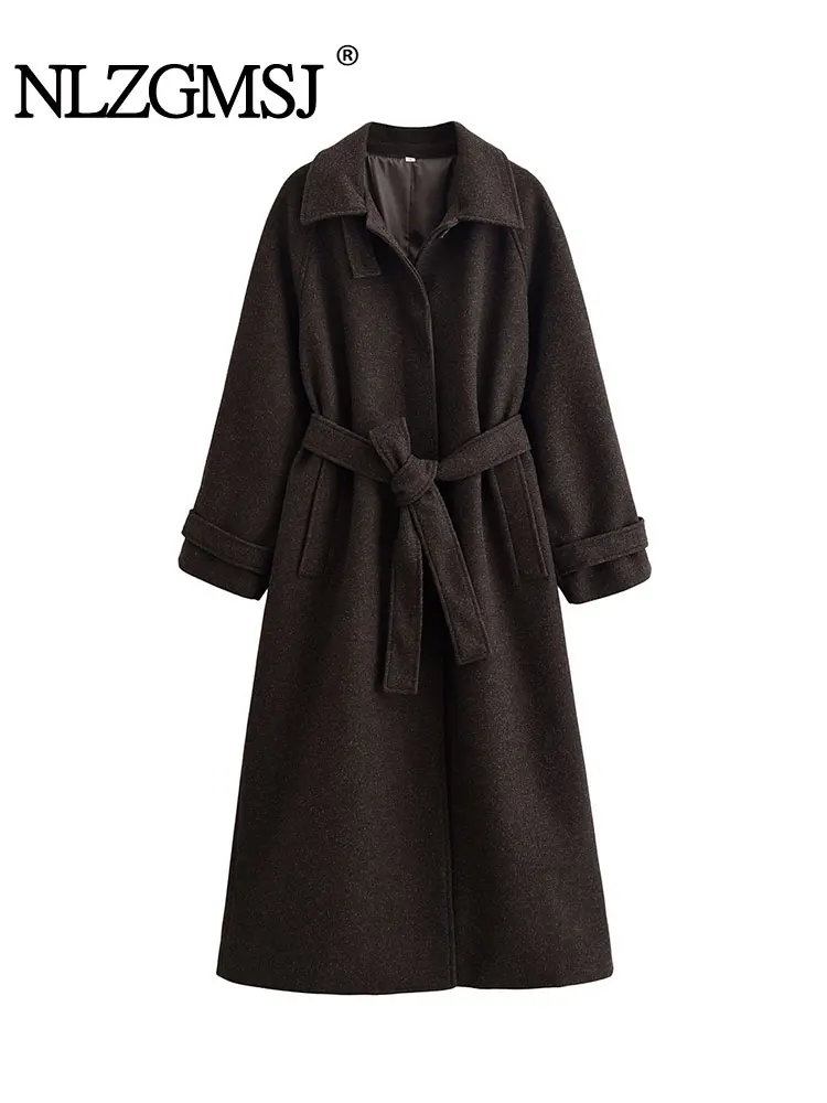 

Nlzgmsj Autumn Winter Women's Overcoat New Fashion Laple Long Sleeves Button With Belt Coat Female Elegant New Coats