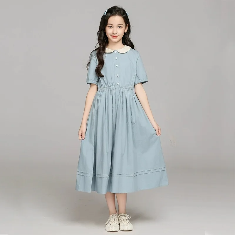 2026 Summer Kids Preppy Student Waisted Party Dresses Child Clothes Teens Peter Pan Girls Daily Wear Button 4 5 8 10 9 12 Year