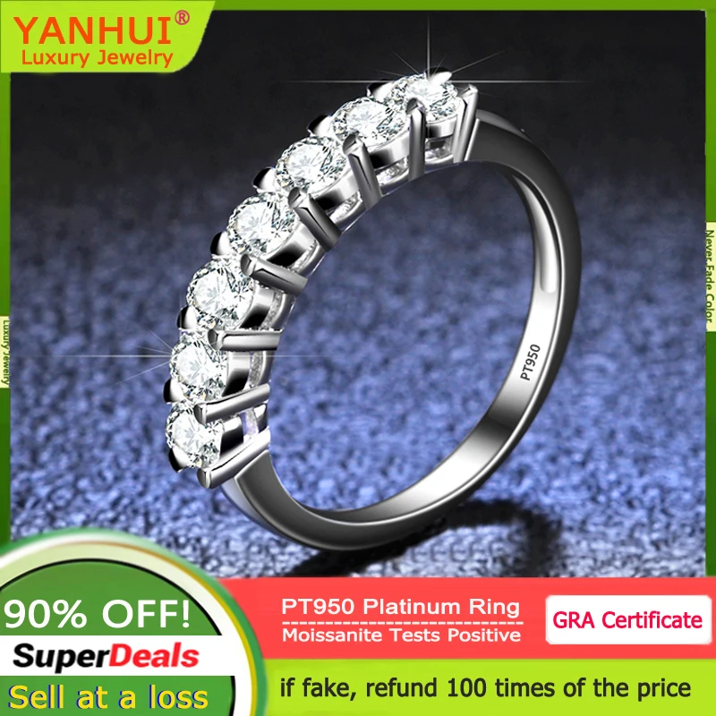 YANHUI Luxury PT950 Platinum Ring 0.7CT 3mm Gemstone Diamonds Moissanite Rings for Women Matching Wedding Band Stackable Ring