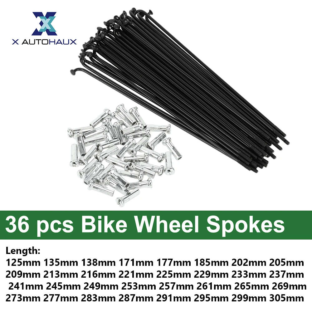 X autohaux 36pcs Bicycle Spokes Bike Wheel Spokes 14G 125mm 135mm 138mm 171mm 177mm 185mm 202mm 205mm 209mm Carbon Steel Black