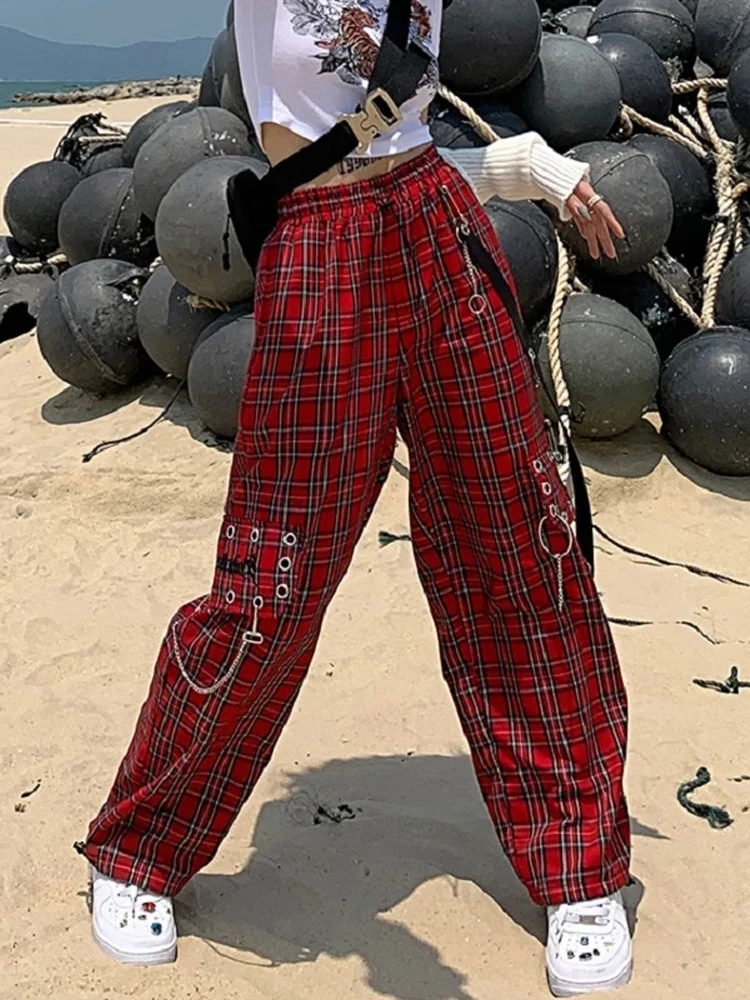 HOUZHOU Punk Cargo Plaid Pants Women Gothic Harajuku Red Checkered Wide Leg Trousers For Female Autumn Streetwear Hippie Fashion