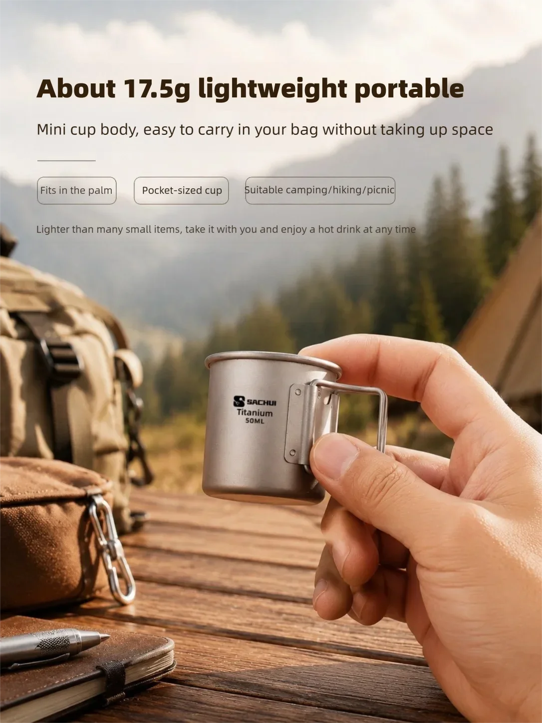 50ml Reiner Titan Mini Outdoor Ultraleichter Tragbarer Tee- und Kaffeebecher mit Klappgriff Camping-Wasserbecher Wander-Reise-Geschirr – Detail 4
