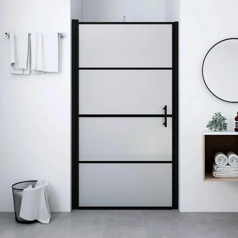 Porte de douche moderne noire en verre trempé dépoli offrant une bonne protection contre les éclaboussures pour la séparation sec/humide dans la salle de bain, dimensions 81x195 cm