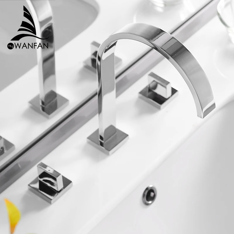 Chrome Basin Faucets Brass Polished Black Deck Mounted Square Bathroom Sink Faucets 3 Hole Double Handle Hot And Cold Water Tap