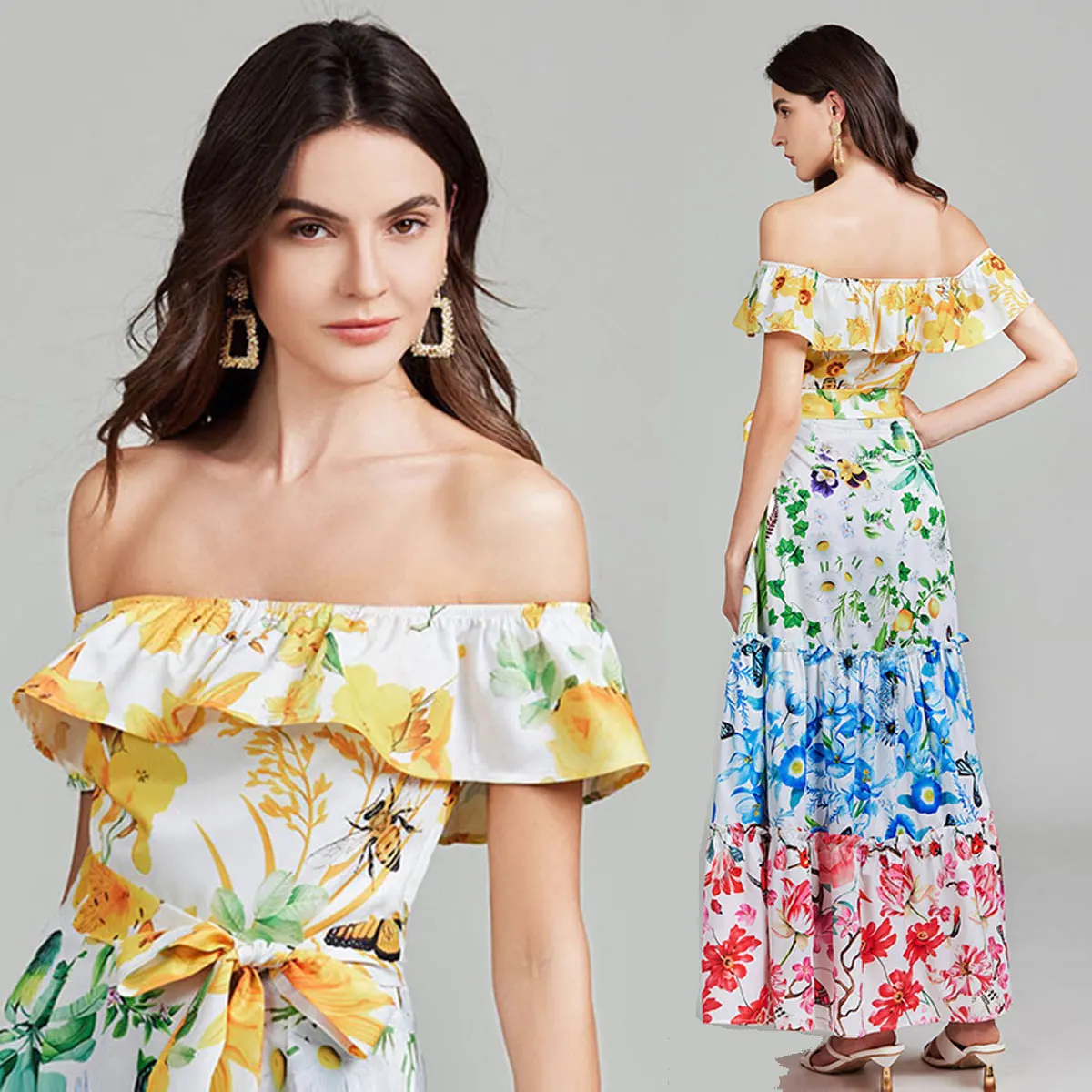 Summer Holiday Print Party Flower Dress Women's Off Shoulder Ruflles Slash Neck Backless Lace Up Belt Long Boho Robe Vestidos