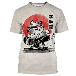 Unisex 2024 Samurai Cat Tattoo Shirt For Men 3d Print Cool Classic Art Shirt For O Neck Tops Tee Vintage Fuuny T-shirt Men Women