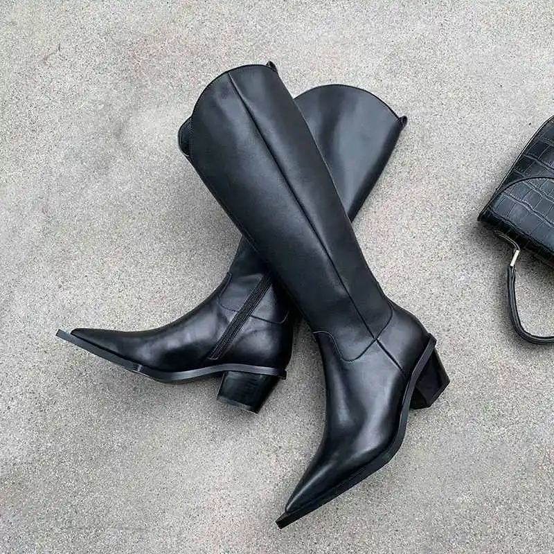 Krazing Pot Winter Genuine Leather Zipper Long Boots Pointed Toe High Heels European Lazy Design Keep Warm Knee-high Boots L88