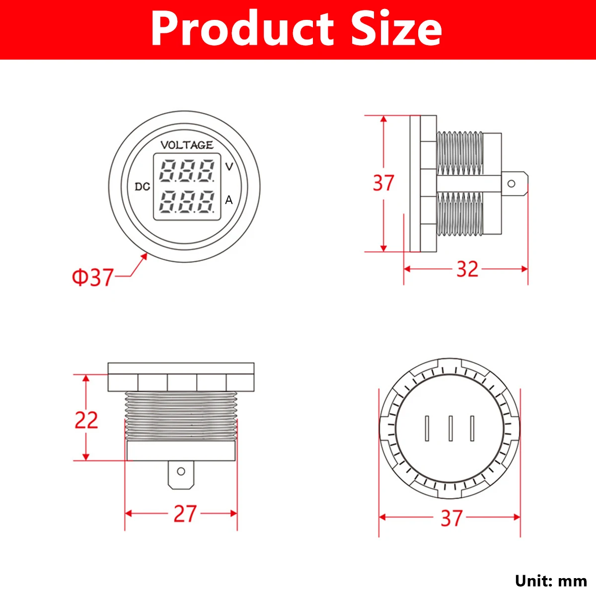 12-24V Instrumen Tahan Air Tegangan VA Tiga Digit Bulat LED Panel Digital Pengukur Tegangan Volt Pengukur Amper Tester Monitor Tampilan Voltmeter