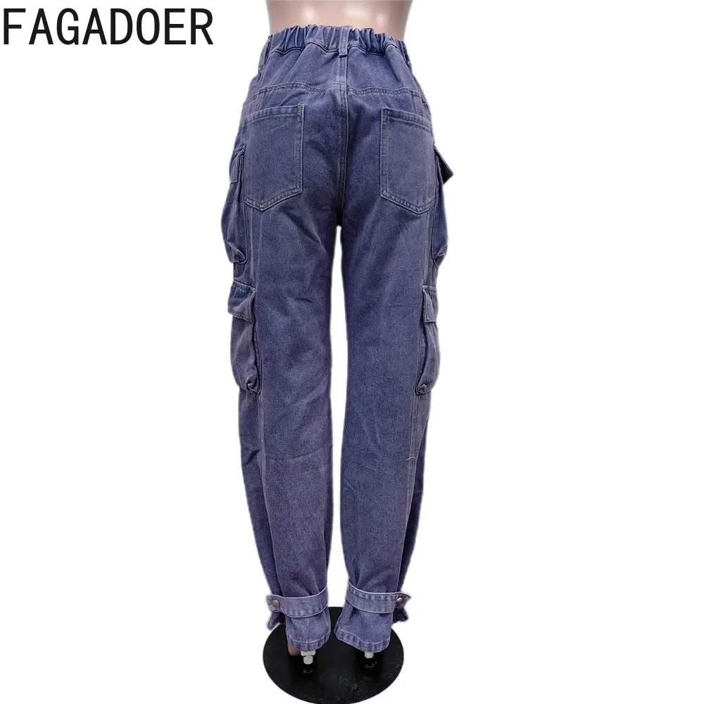 FAGADOER Fashion Solid Pocket Cargo Denim Pants Women High Waisted Button Straight Jean Trousers Autumn Casual Cowboy Bottoms