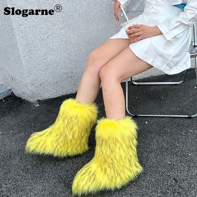 Winter Shoes Women Winter Fluffy Faux Raccoon Fur Boots Girls New Push Warm Snow Boots Luxury Footwear Fahsion Furry Fur Bottes