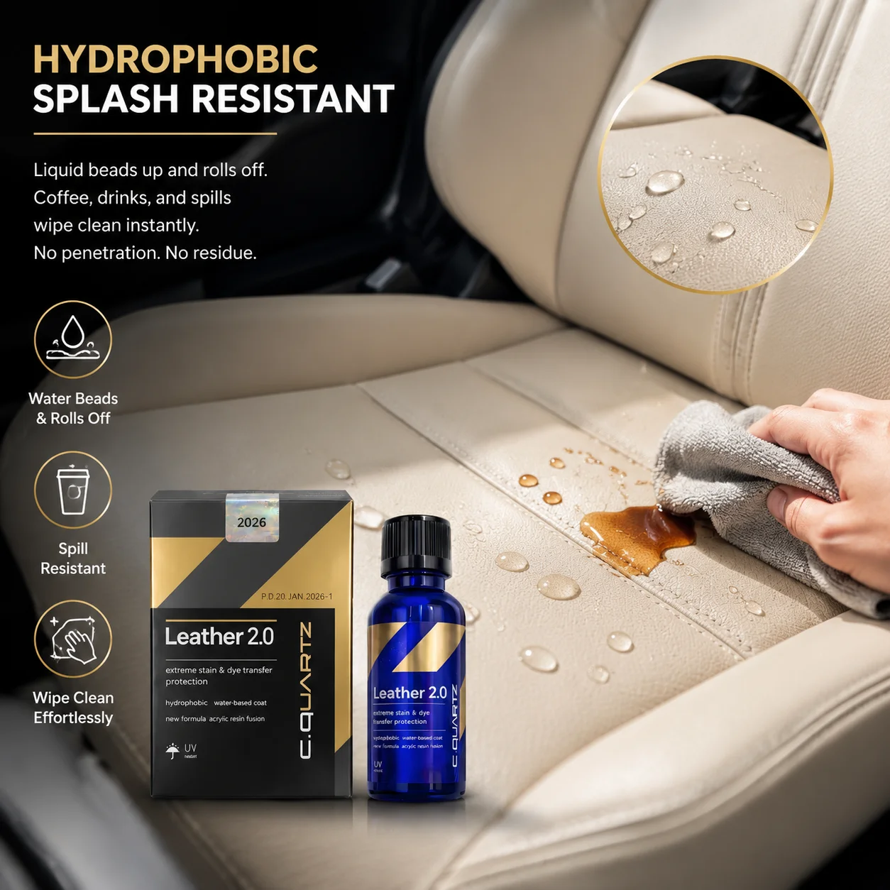 CAR CQUARTZ Leather 2.0 Hydrophobic Oil Phobic Safe on Car Leather Resistance To UV Denim Dye Coloring Abrasion Stains