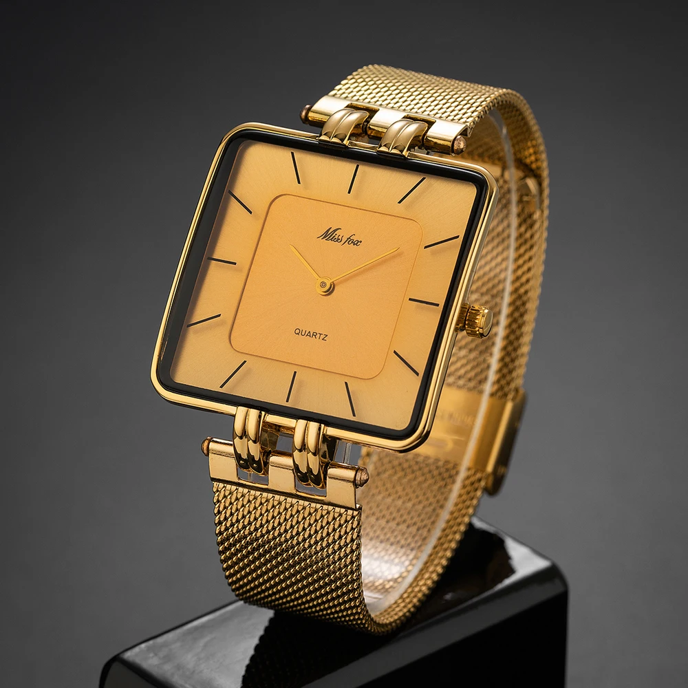 MISSFOX Square Quartz Watches For Men Gold Alloy Mesh Strap Ultra Thin Business Wristwatch Minimalist Waterproof Dress Male Clock Daily Gift Hot Sale