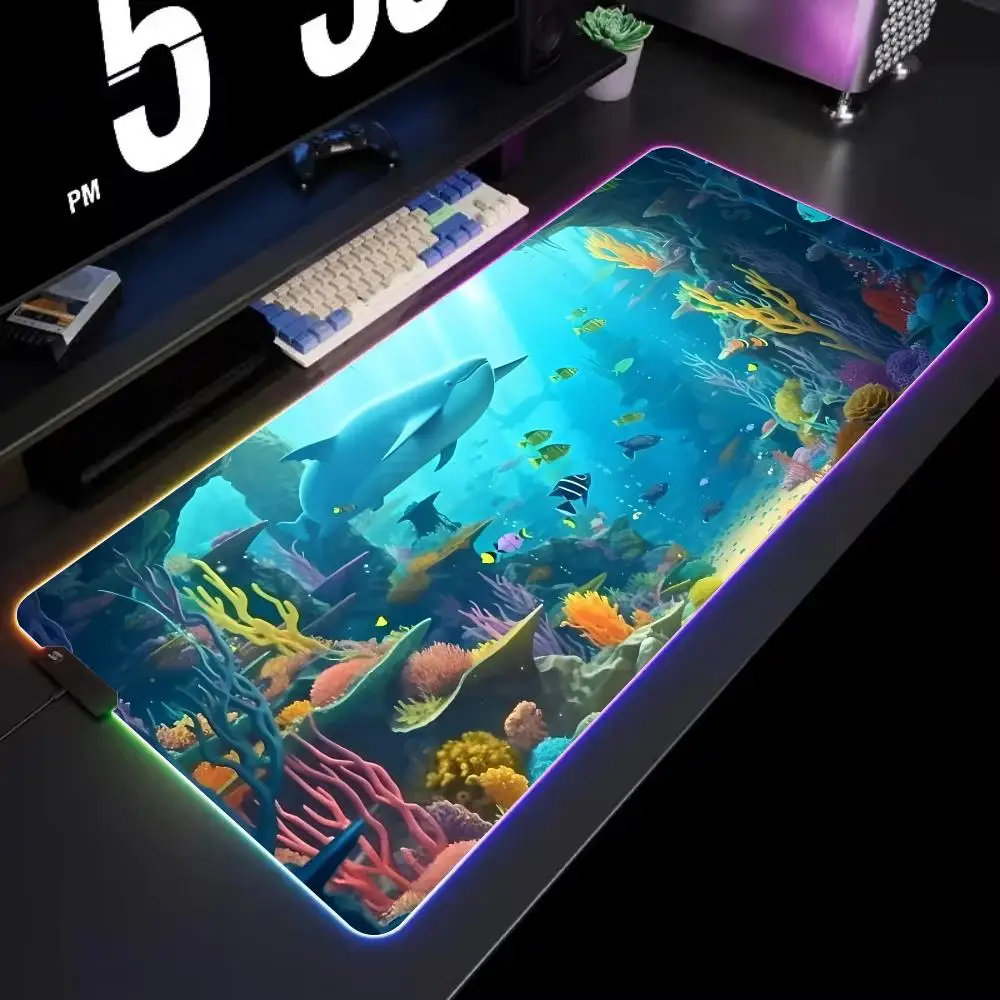 

Коврик для мыши с изображением аниме-рыбок, RGB-подсветкой, для геймеров, большой игровой коврик для стола, аксессуары для гейминга
