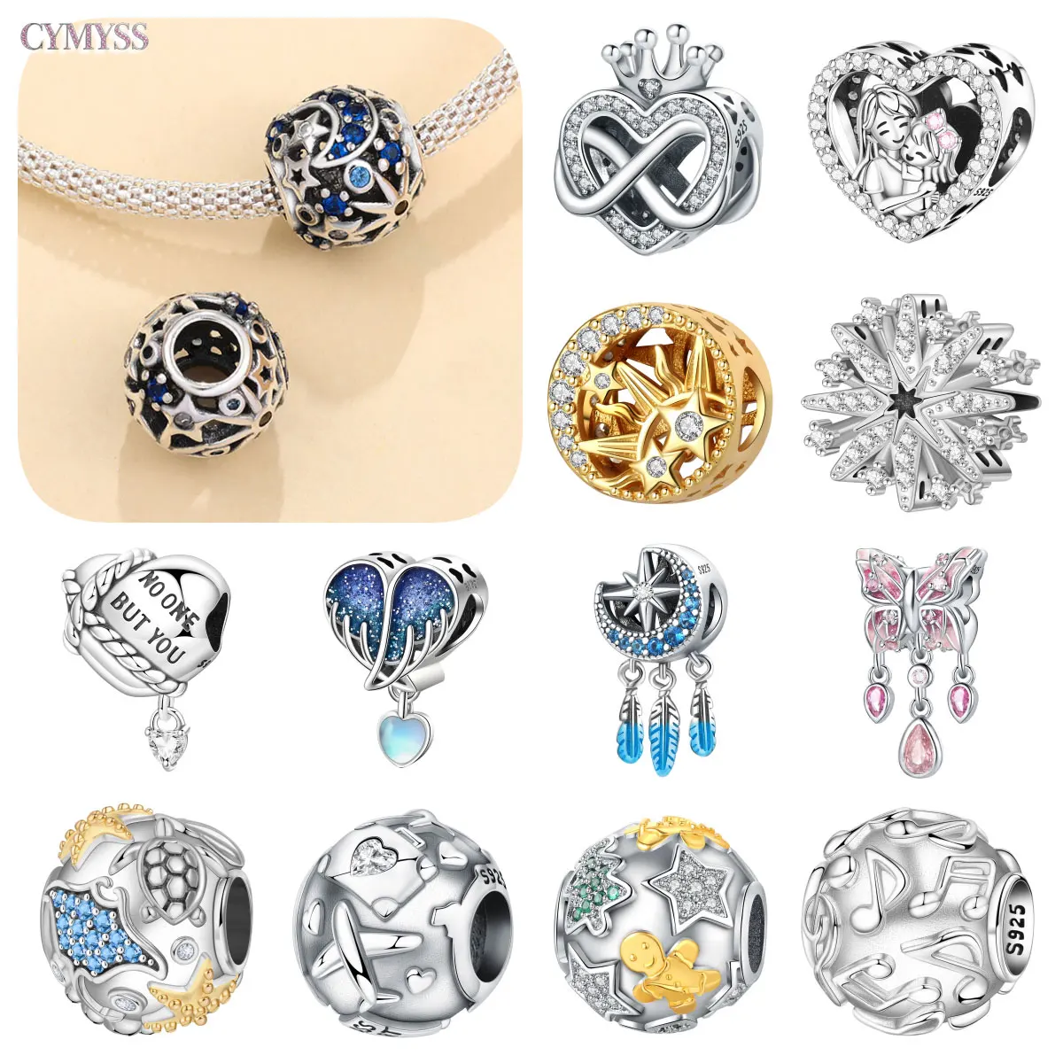 925 Sterling Silver Charm Beads Fit Original Bracelet Bangle Star Moon Sun Cross Heart Multi Designs DIY Jewelry Party Gifts