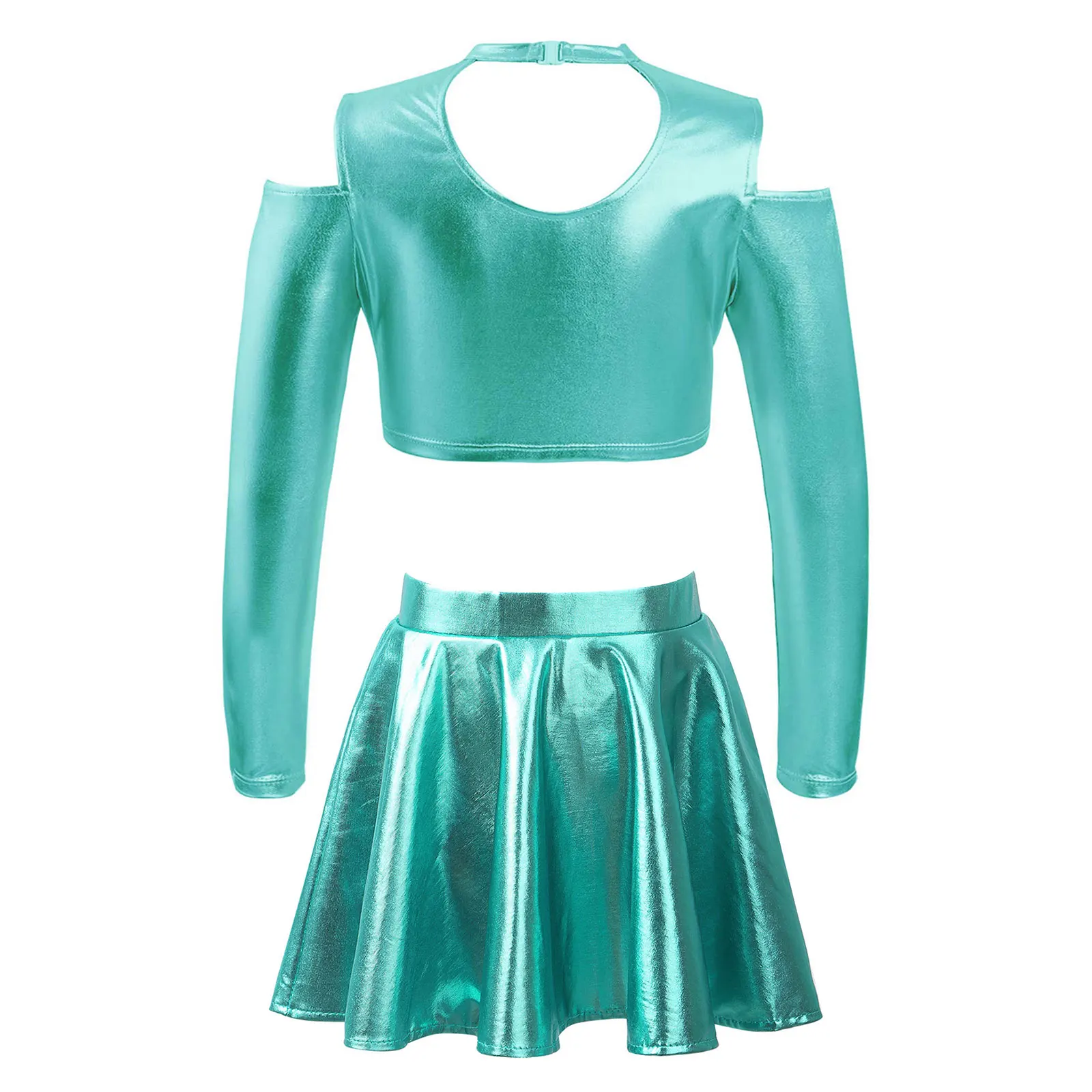 Children Girls Metallic Shiny Jazz Dance Cheerleading Performance Outfit Long Sleeve Off Shoulder Crop Top with Pleated Skirt