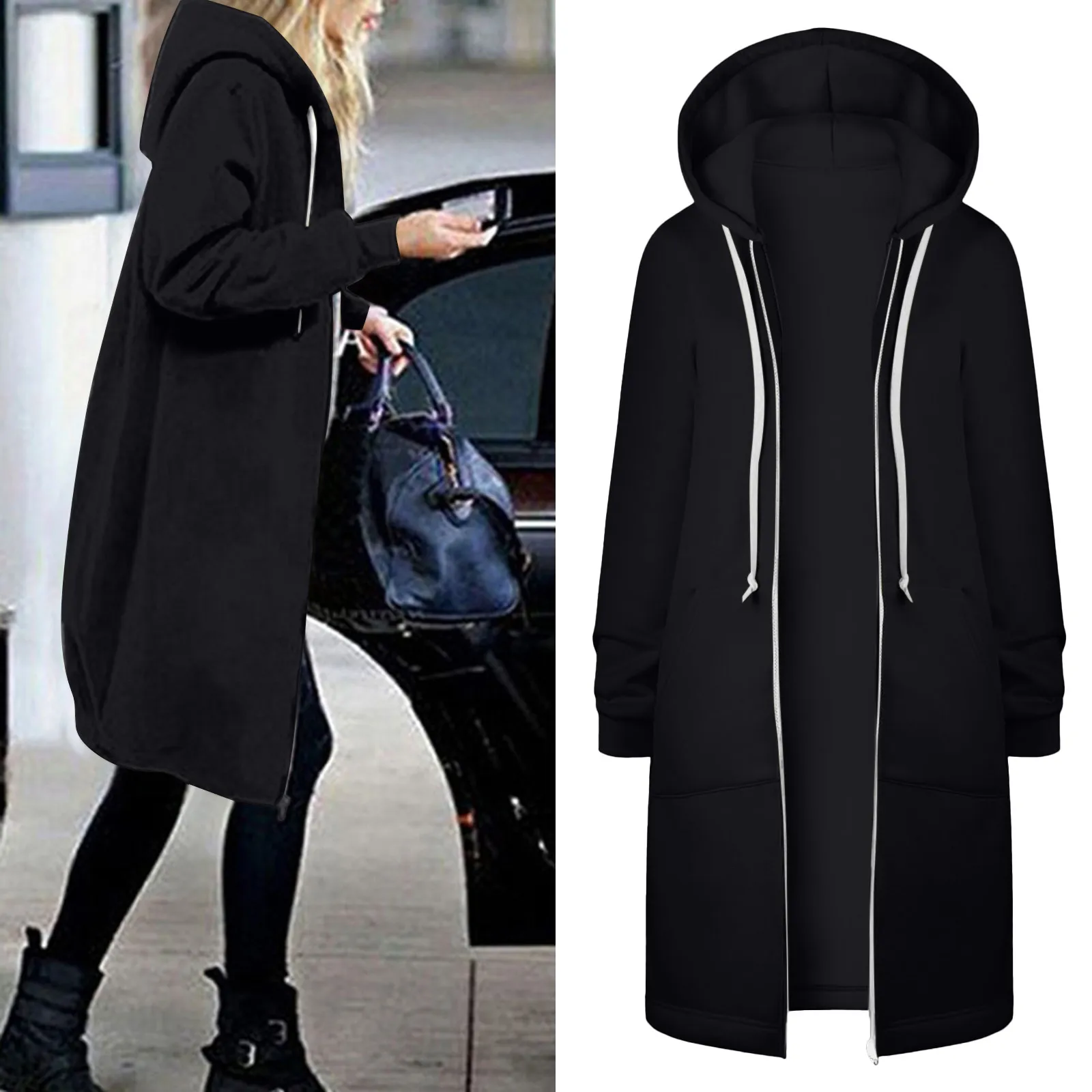 Autumn Winter Women Pocket Zipper Design Longline Hoodie 2024 Femme Casual Long Sleeve Coat and Jackets Outfits Overalls