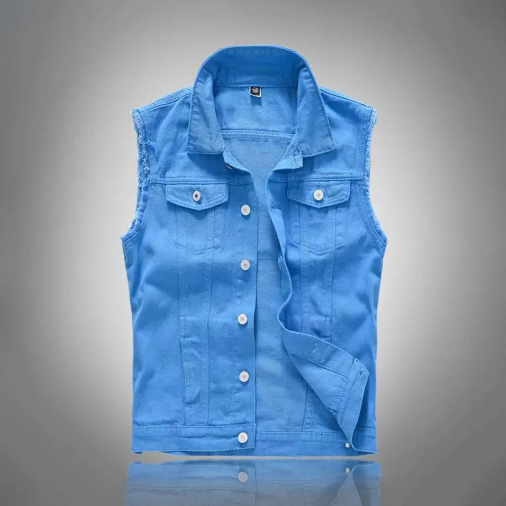 

New Fashion Men Blue Casual Denim Vests Jackets Man Trendy Sleeveless Coats Male Streetwear Slim Fit Jeans Waistcoats Size 5XL