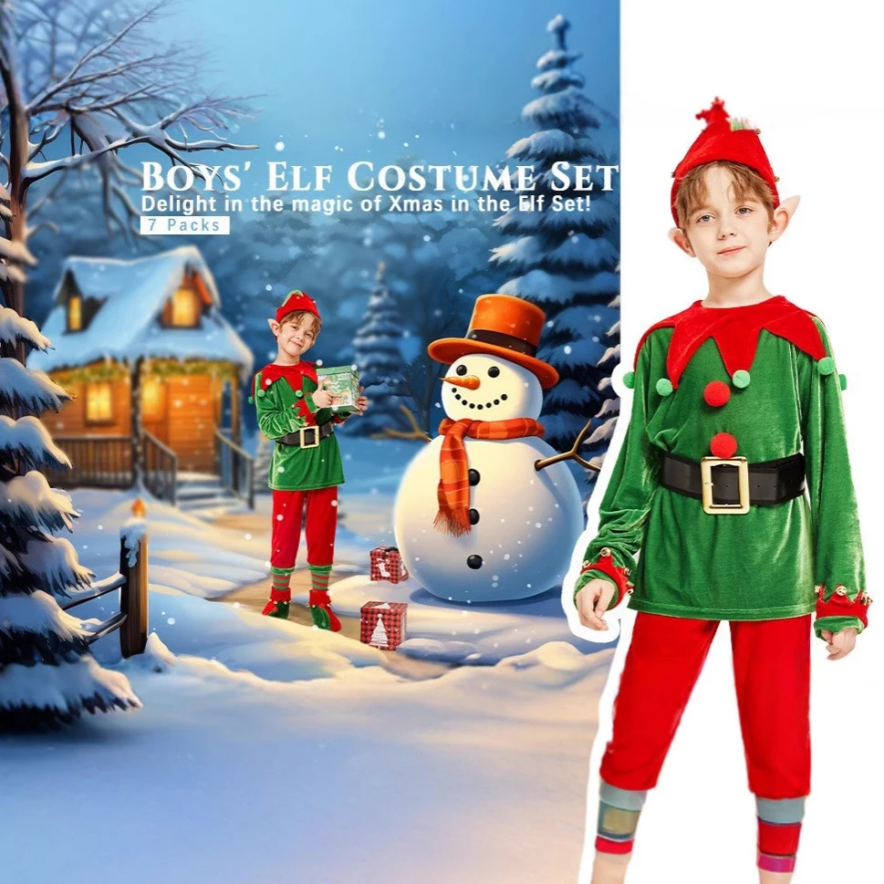 2025 New Christmas Children Green Elf Costume Winter Elf Boy Cosplay Christmas Costume Carnival Party Hat Christmas Set