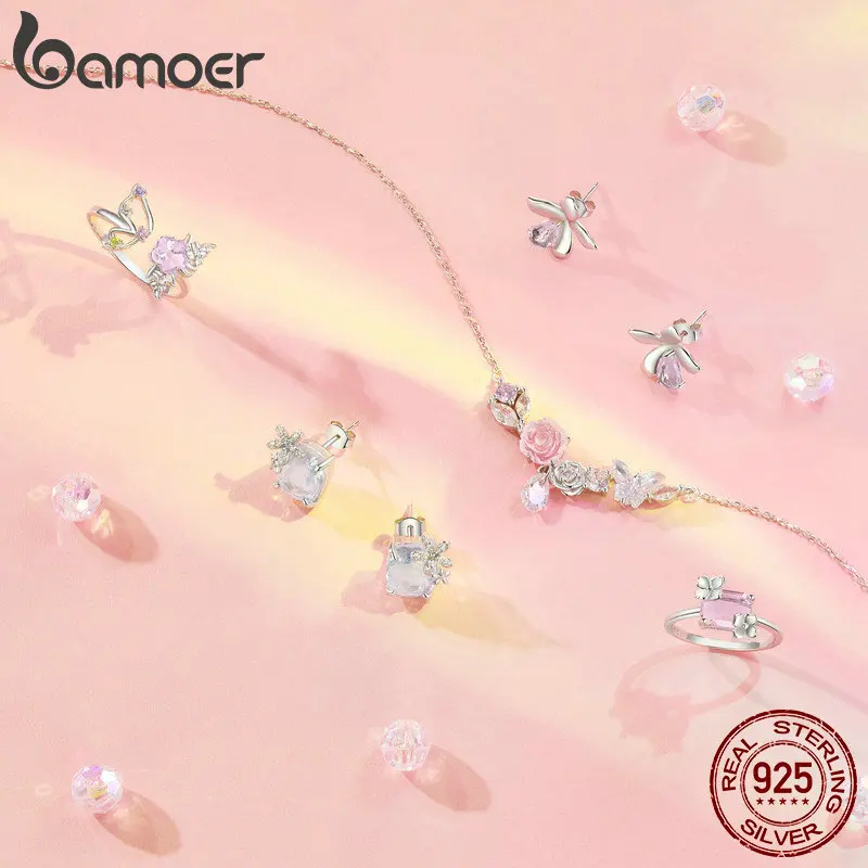 Bamoer 925 Sterling Silver Romantic Flower Necklace Fantasy Butterfly Neck Chain for Women  Valentine\'s Day Fine Jewelry Gift