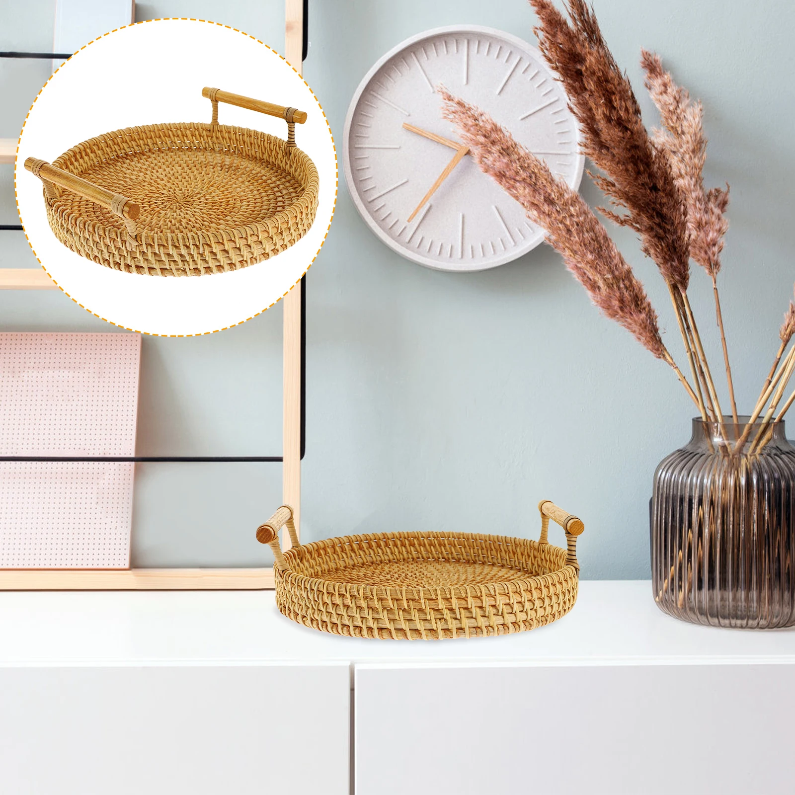 

Sturdy Rattan Woven Storage Basket Fruit Serving Breads Organizer Home Office Kitchen Desktop Sundries Container Natural