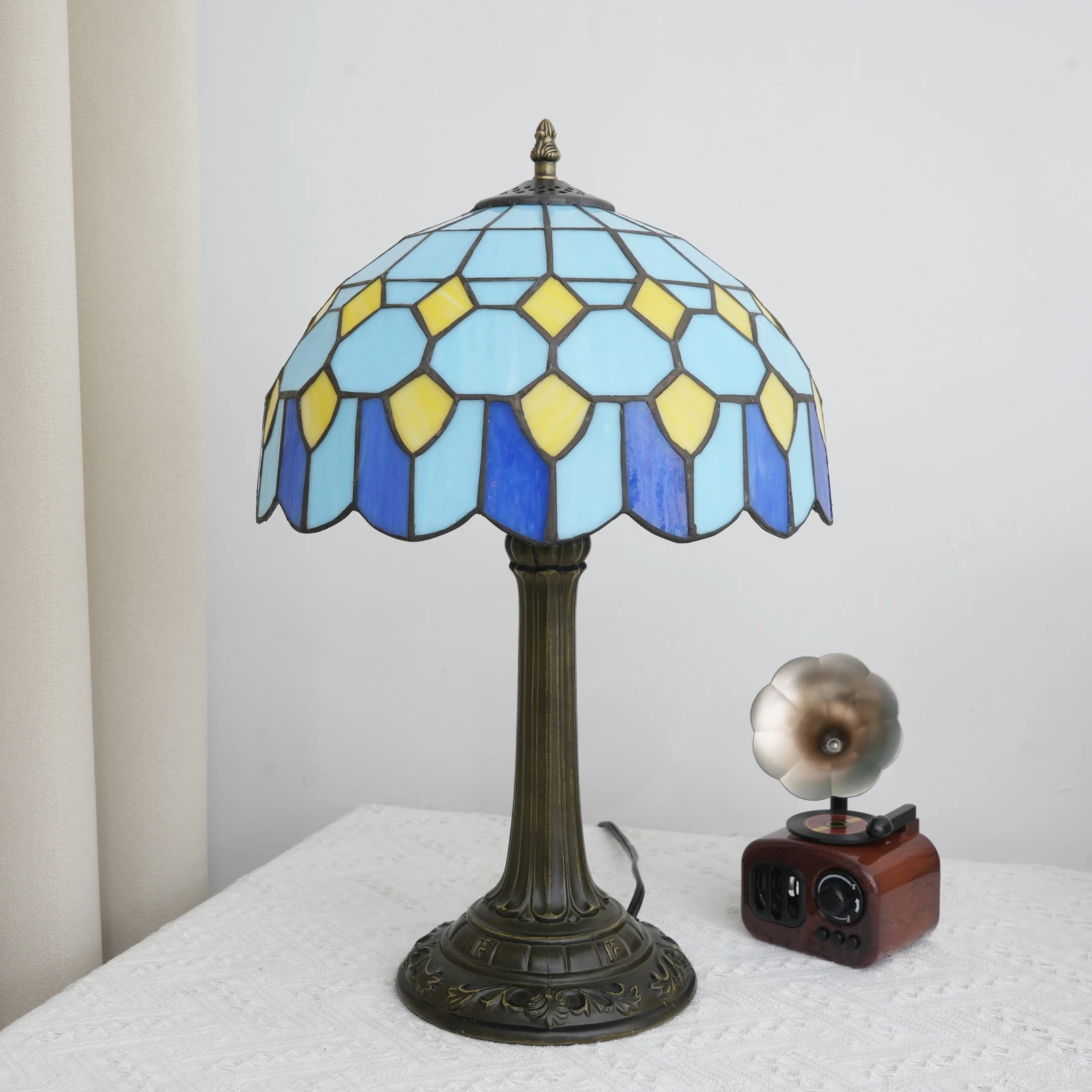 Blue Baroque Table Lamp Stained Glass Reading Desk Light for Bedroom Living Room, Handcrafted Artwork for Home Office