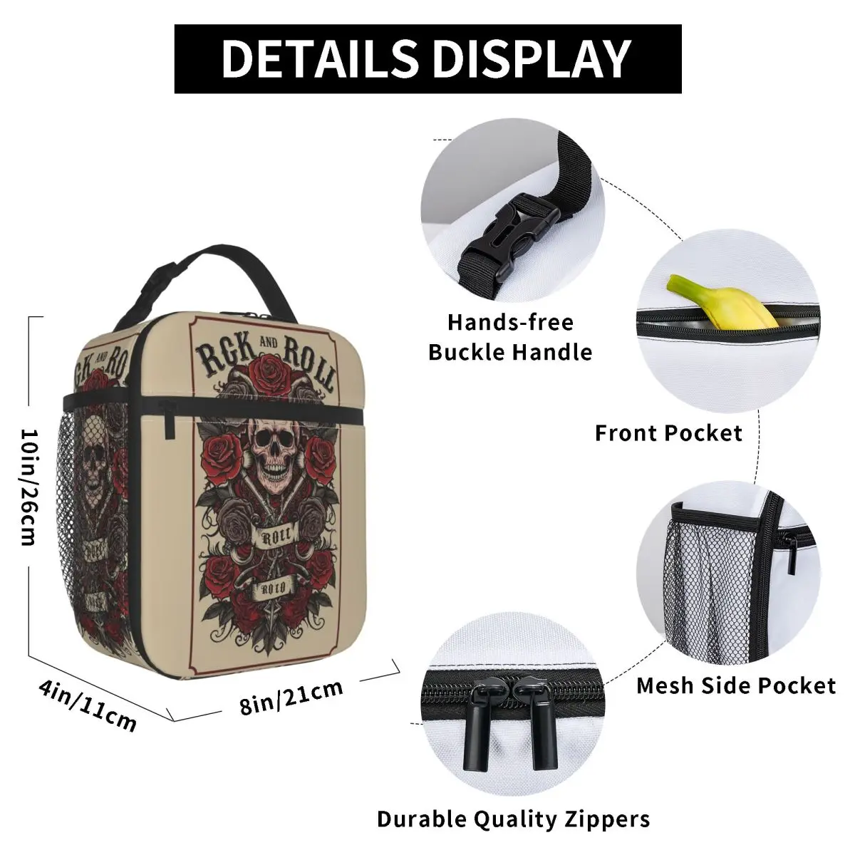 Crazy Rock Skull Rose Insulated Lunch Bag for Kids School Cooler Thermal Food Box Tote Portable Lunch Boxes Container