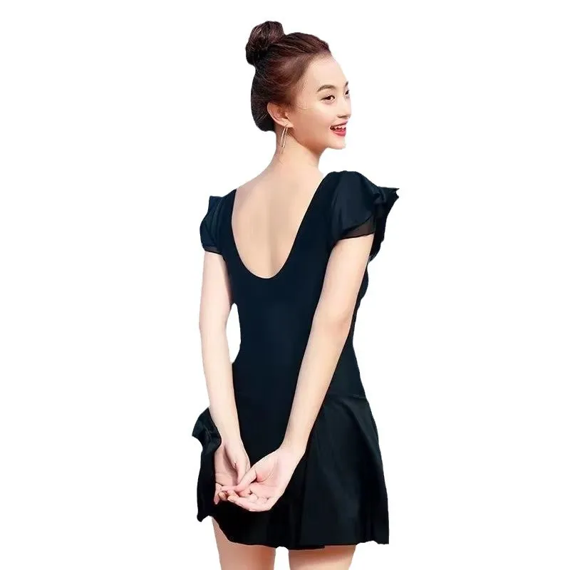 Women's Black One-Piece Swim Dress, Ruffle Sleeve Bathing Suit, Mesh Panel Backless Swimwear for Summer Beach Pool
