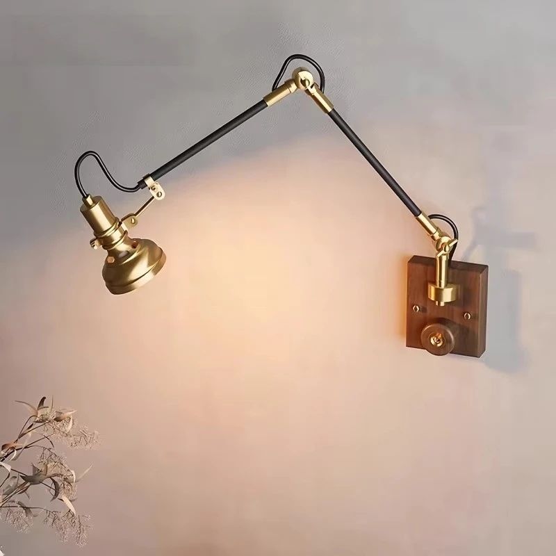 Nordic Vintage Copper Wall Lamp 360 Degree Adjustable Long Swing Arm Walnut Base Wall Mounted Bedroom Bedside Sconce Lights