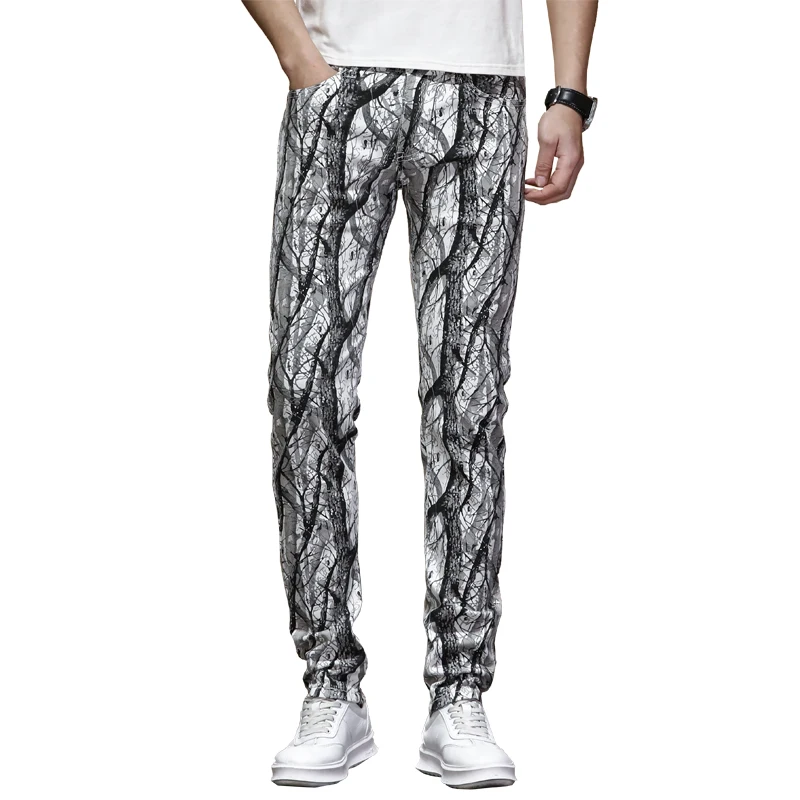 2024Spring and Summer New Digital Printed Jeans Men's Slim Fit Stretch Feet Personality Fashion Party Casual Trousers