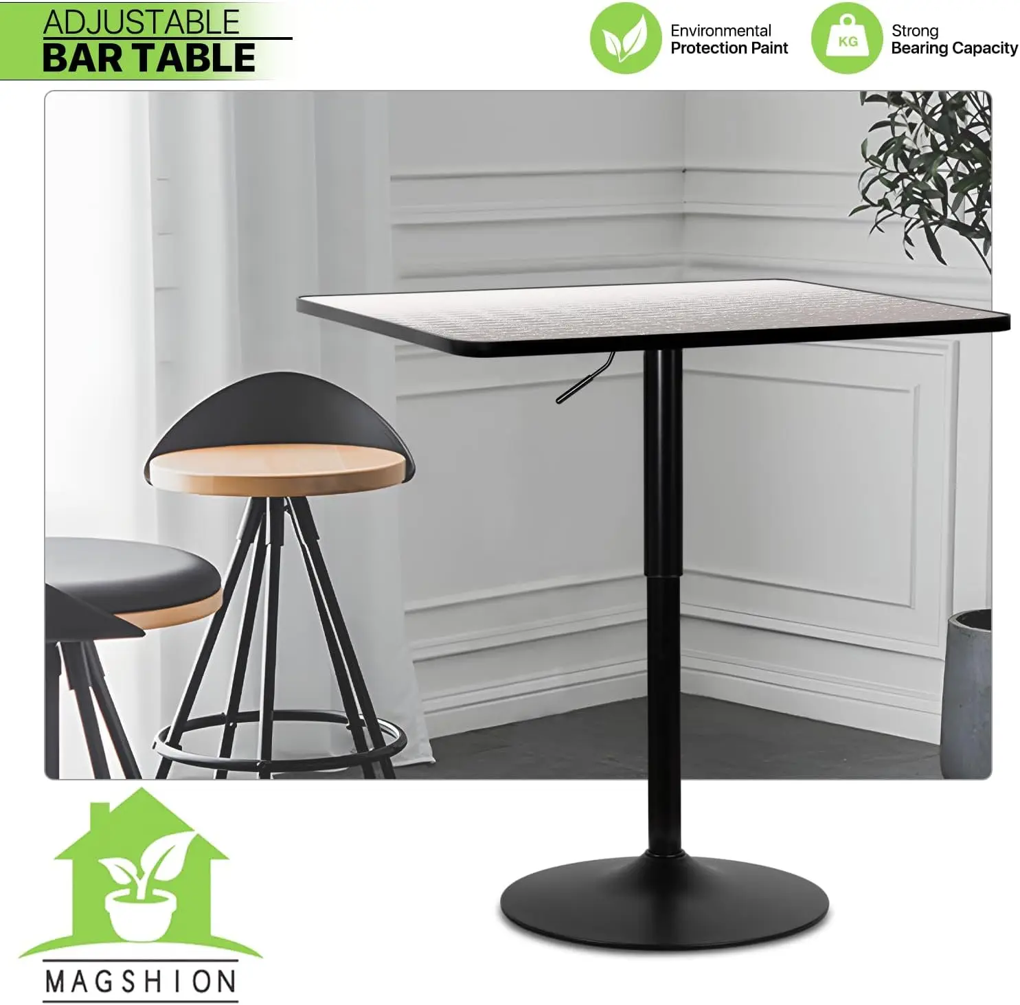 Magshion-Mesa de barra quadrada grande não giratória, mesa de bar com base para morar, 31,5 ", mesa de barra larga, altura ajustável 27,6" a 35,4"