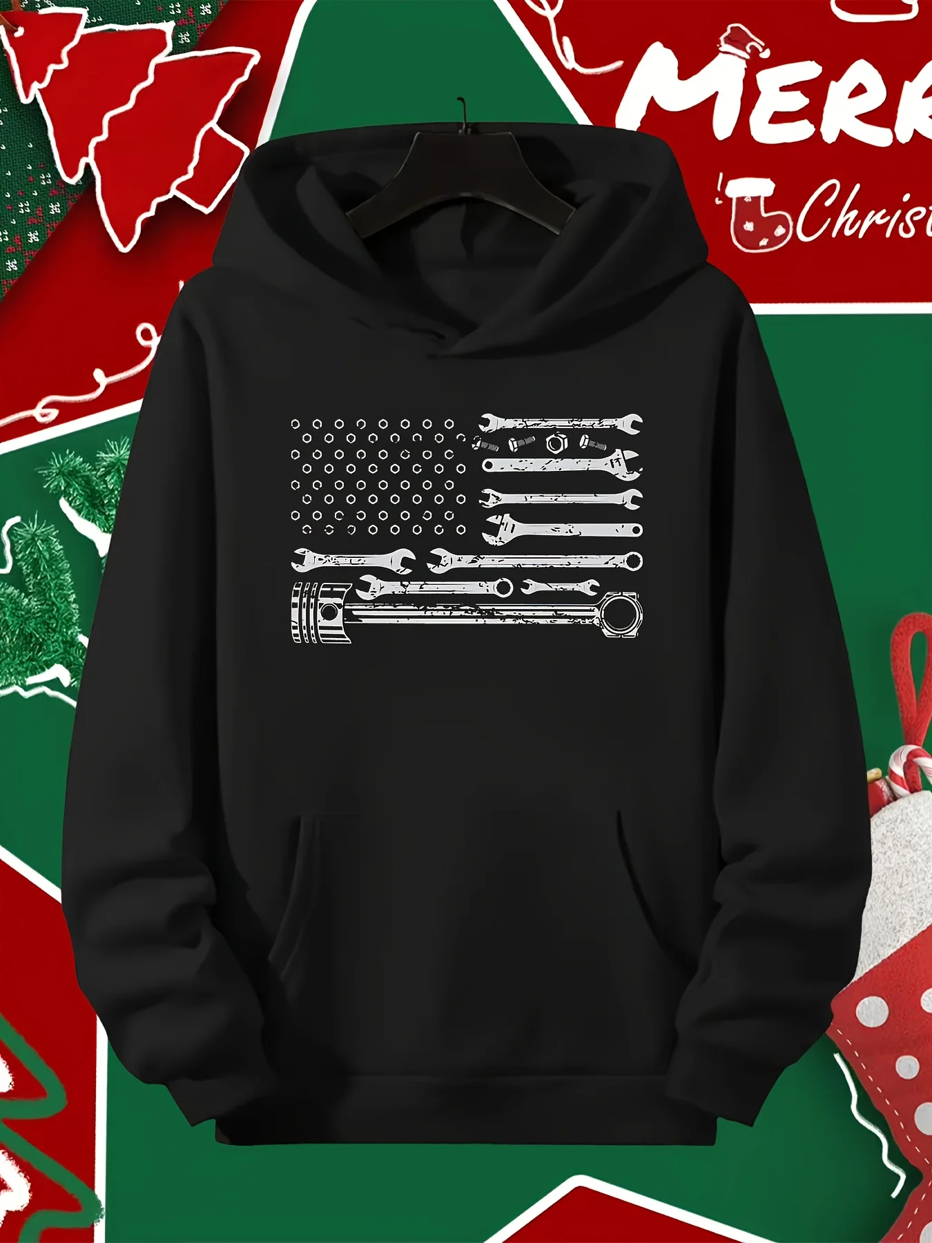 Men's Heavy-Duty Mechanic Hoodie with Auto Repair Graphics (Wrench & Car Parts) - Soft Fleece Hooded Sweatshirt, All-Season Machine Washable Pullover for Mechanics, Auto Shop & Casual Wear - Mechanic-Themed Workwear Hoodies for Men
