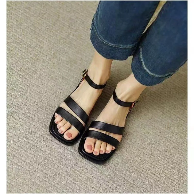 Women Flat Sandals Genuine Leather Strap Rome Style High Quality Summer Ladies low heel Shoes large size 35-43