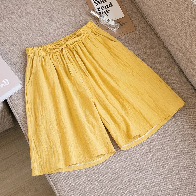 Women's Shorts High Waist Cotton Two Pocket Casual Summer Wear - Yellow