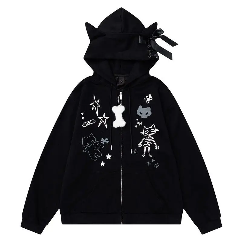 2025, japanische Kawaii-Chic-Kapuzenoberteile, Taschen, bedruckt, langärmelig, Mantel, Damen, schlanker Reißverschluss, Vintage-Katzenohren-Hoodie, Y2k, süßer Winter