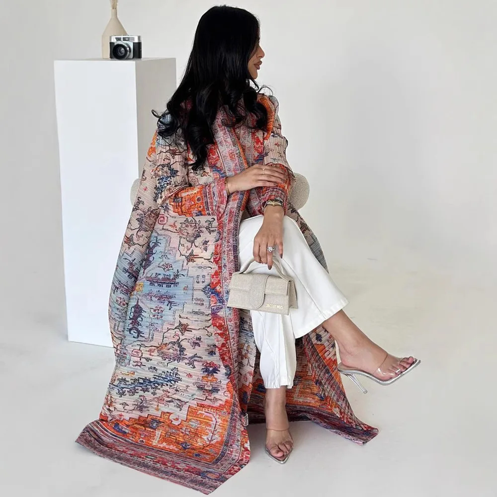 

Muslim Women Prayer Dress Miyake Pleated Print Trench Coat 2025 Ethnic Style Lapel Cardigan Ramadan Arab Lady Long Sleeve Abaya