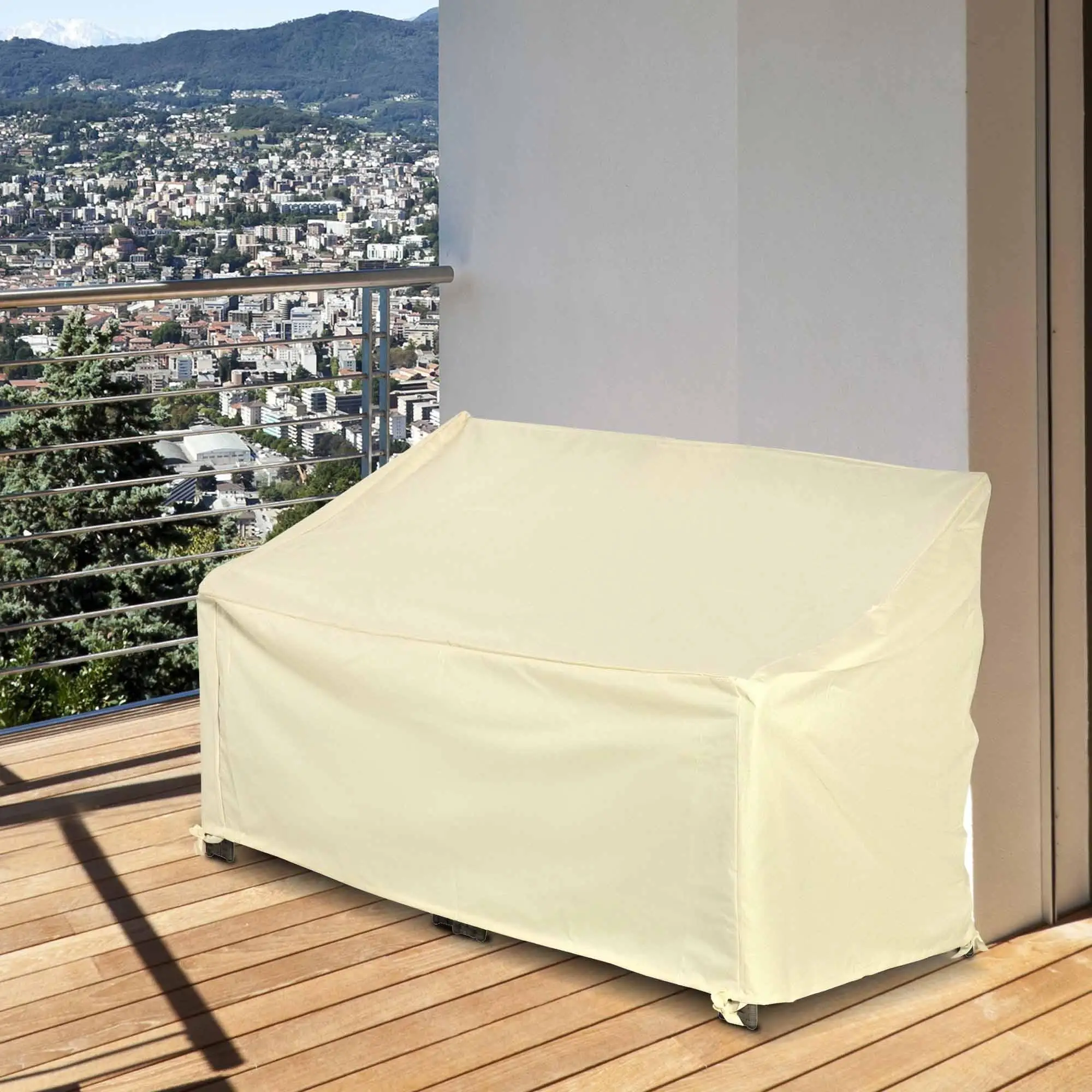 Funda para sofá de jardín de 2 plazas Oxford 600D impermeable, 140x84x56/94cm beige con extremos de cordón