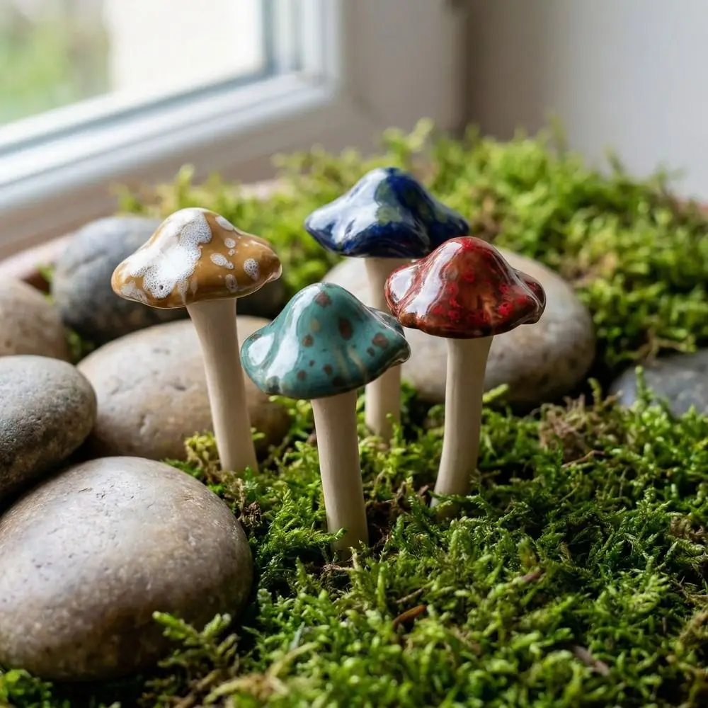 4PCS Lawn Ornaments Mini Mushroom Ornaments Ceramics Colorful Pottery Sculpture Realistic Vintage Fairy Mushroom Fairy Garden