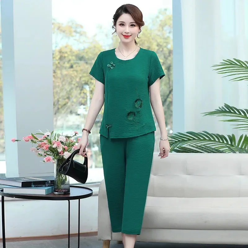 حجم كبير الأم قصيرة الأكمام تي شيرت موضة قطعتين مجموعات فستان صيفي منتصف العمر المسنين 40 إلى 50 سنة الملابس النسائية #4