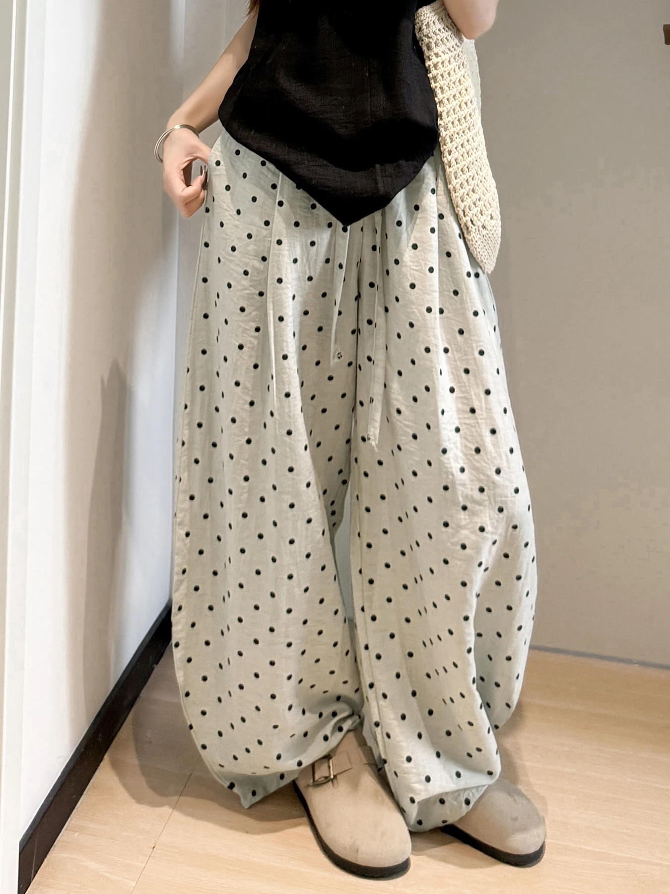Pantaloni a gamba larga in lino a pois per l'estate da donna, pantaloni Yamamoto sottili a vita alta stile ampio e rilassato, casual dritto-l