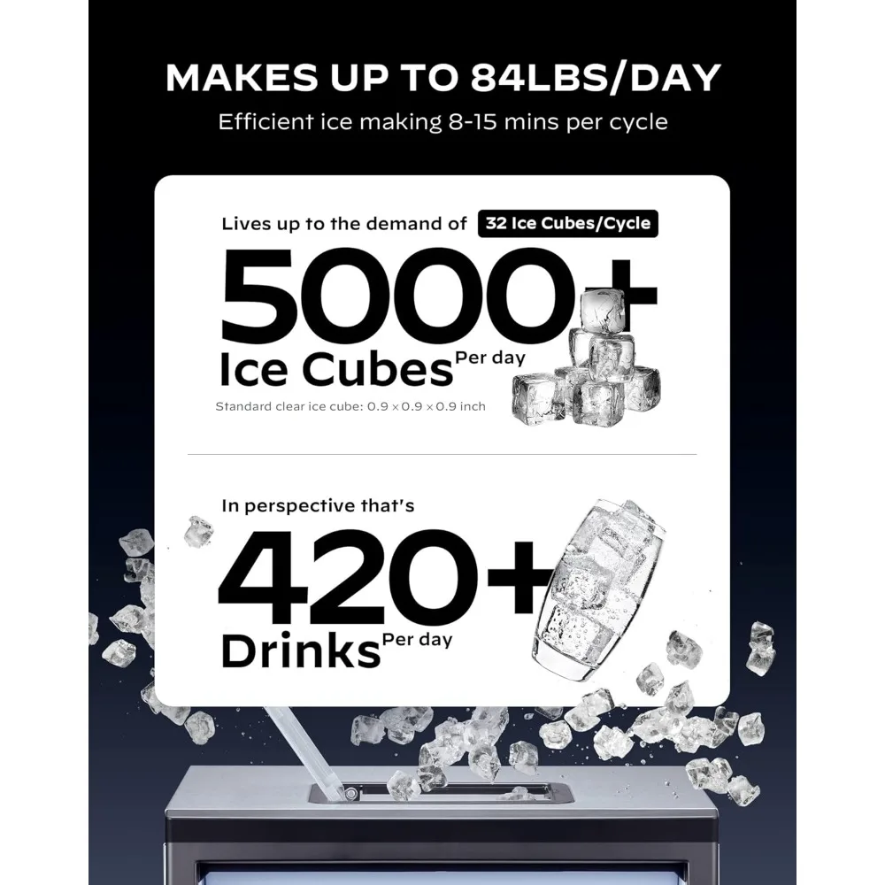 Commercial Ice Maker Machine, 84LBS/24H, Full Heavy Duty Stainless Steel Construction, Self-Cleaning, Clear Cube for Home Bar