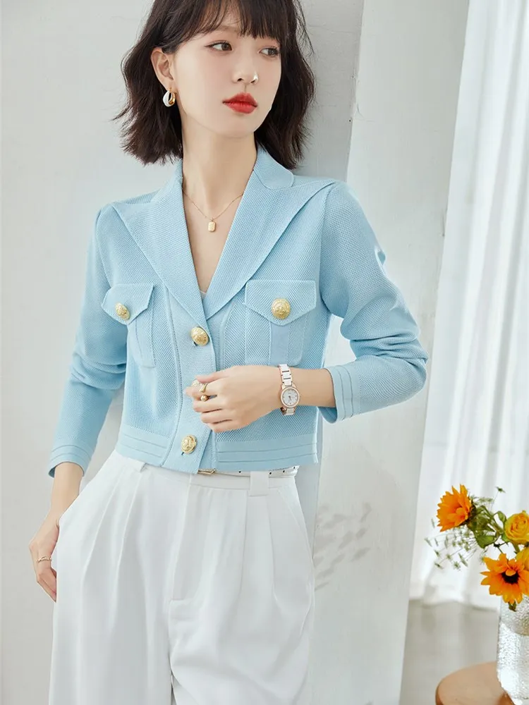 Women Sky Blue Knit Cardigan Coat Spring Autumn Elegant Slim Casual Single Breasted Button Short Knitwear Jacket Lady A1995