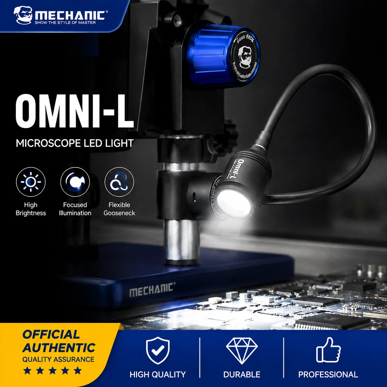 MECHANIC Omni-L 5W Microscoop LED-lamp Flexibele zwanenhals Traploos dimbaar 360° verstelbaar Magnetische basis voor telefoon-PCB-reparatie