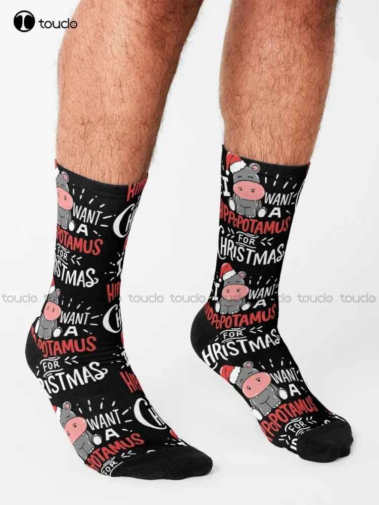 I Want Hippopotamus For Christmas Hippo Xmas Gift Socks Girl Socks Personalized Custom 360° Digital Print Gift Harajuku Colorful