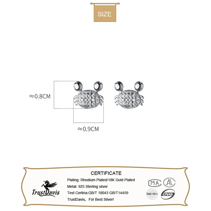 TrustDavis Real 925 Sterling Silver Fashion New Crab CZ Stud Earring For Women Wedding Party Valentine's Day Fine Jewelry DB103