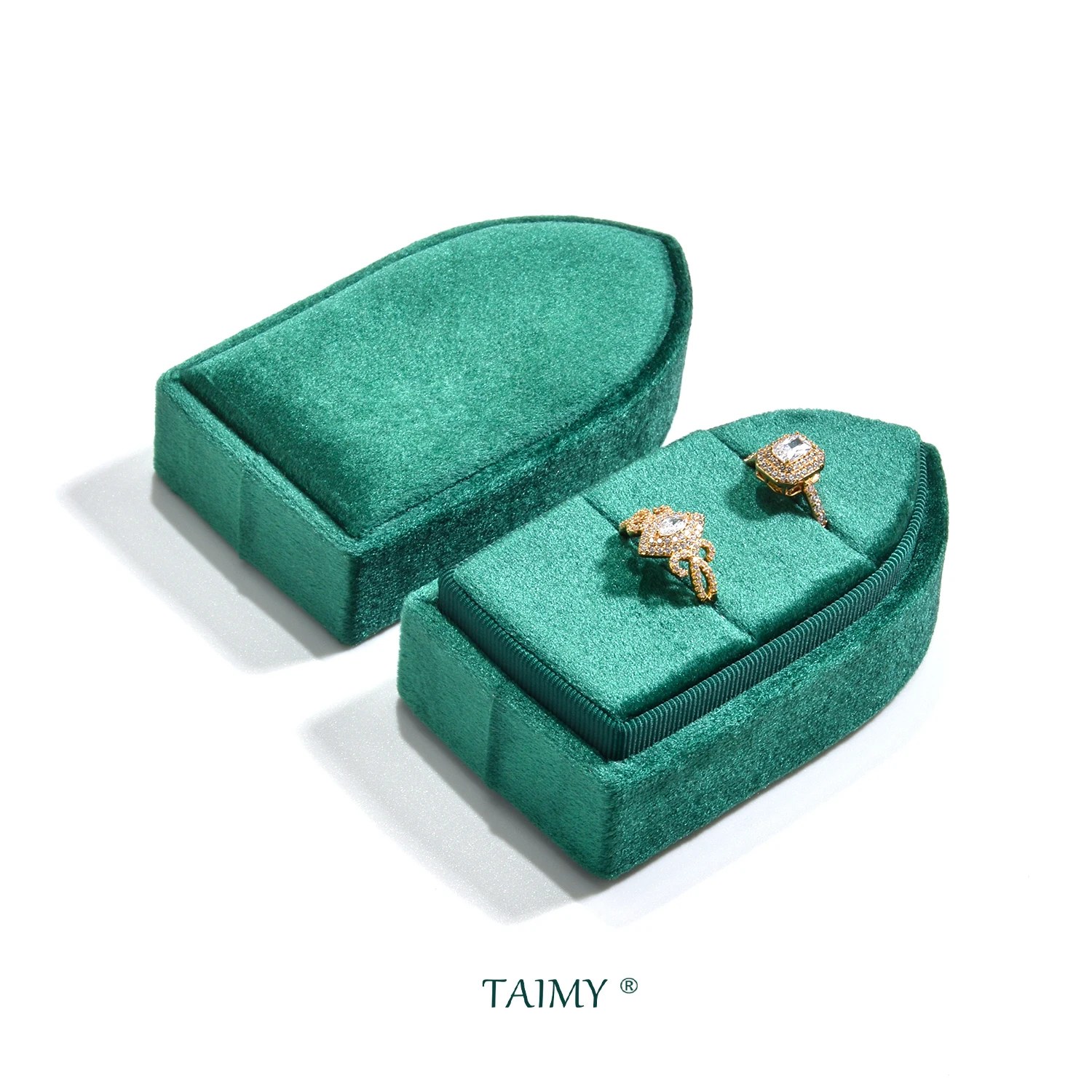 Taimy Großhandel Retro Samt Schmucks cha tulle Kugelform tragbare Doppel ring Box Reise Lagerung personal isierte Geschenke benutzer definierte Logo