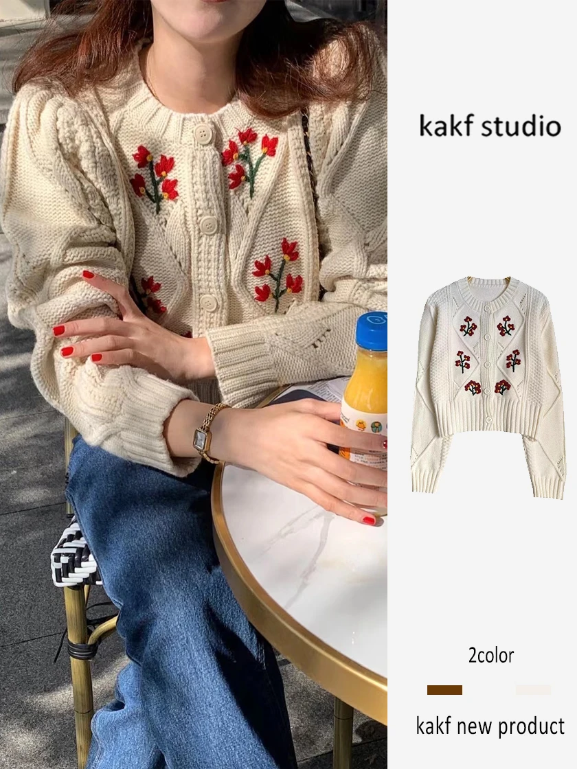 

Длинный вязаный свитер с вышивкой в стиле ретро, пальто, женский осенне-зимний ленивый японский кардиган, топ