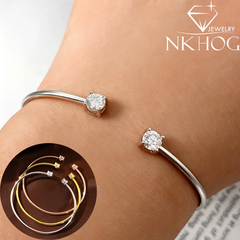 925 Sterling Silver Open Bangle Round 1cttw Moissanite Bracelet Women Two Stones Adjustable Fine Jewelry Gift Wedding Engagement